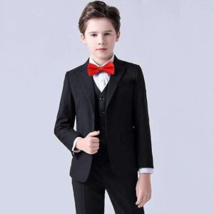 Boys black suit & red bow tie