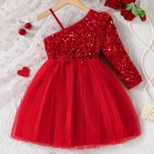 Red sequin off-shoulder dress